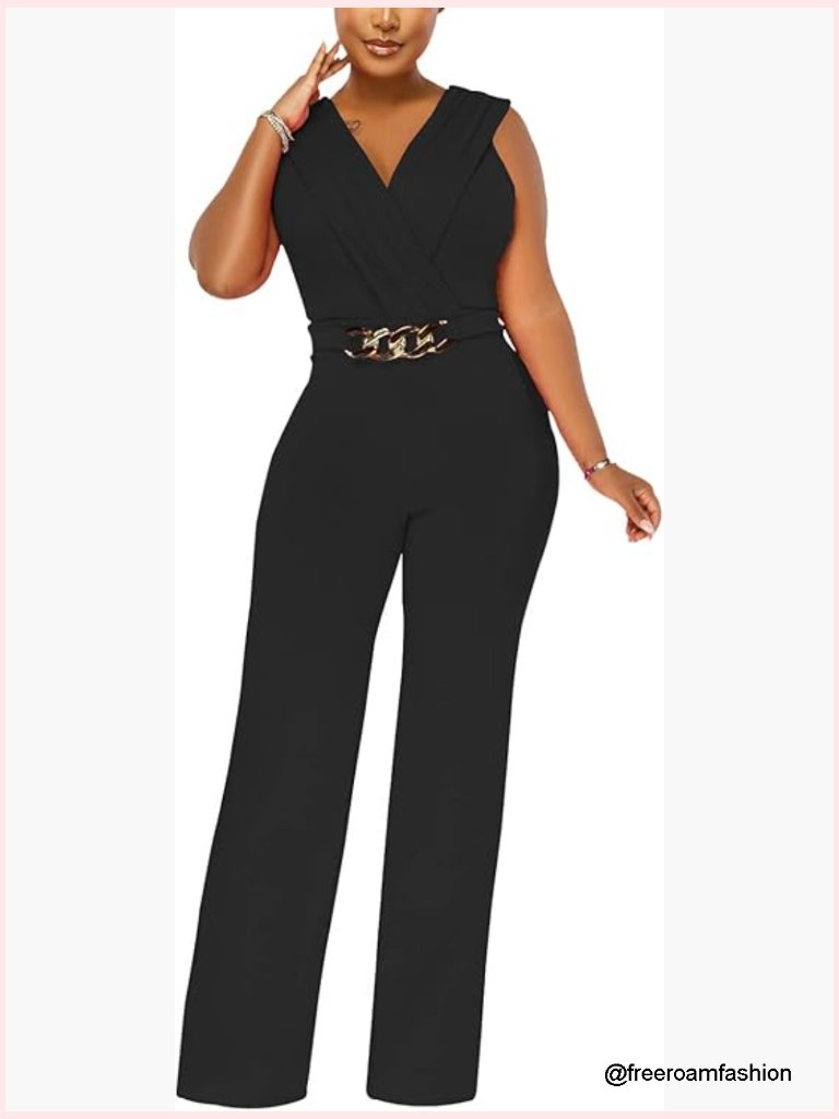 Elegant V Neck Sleeveless Stretchy Wrap Wide Leg Jumpsuit Dressy Party Clubwear